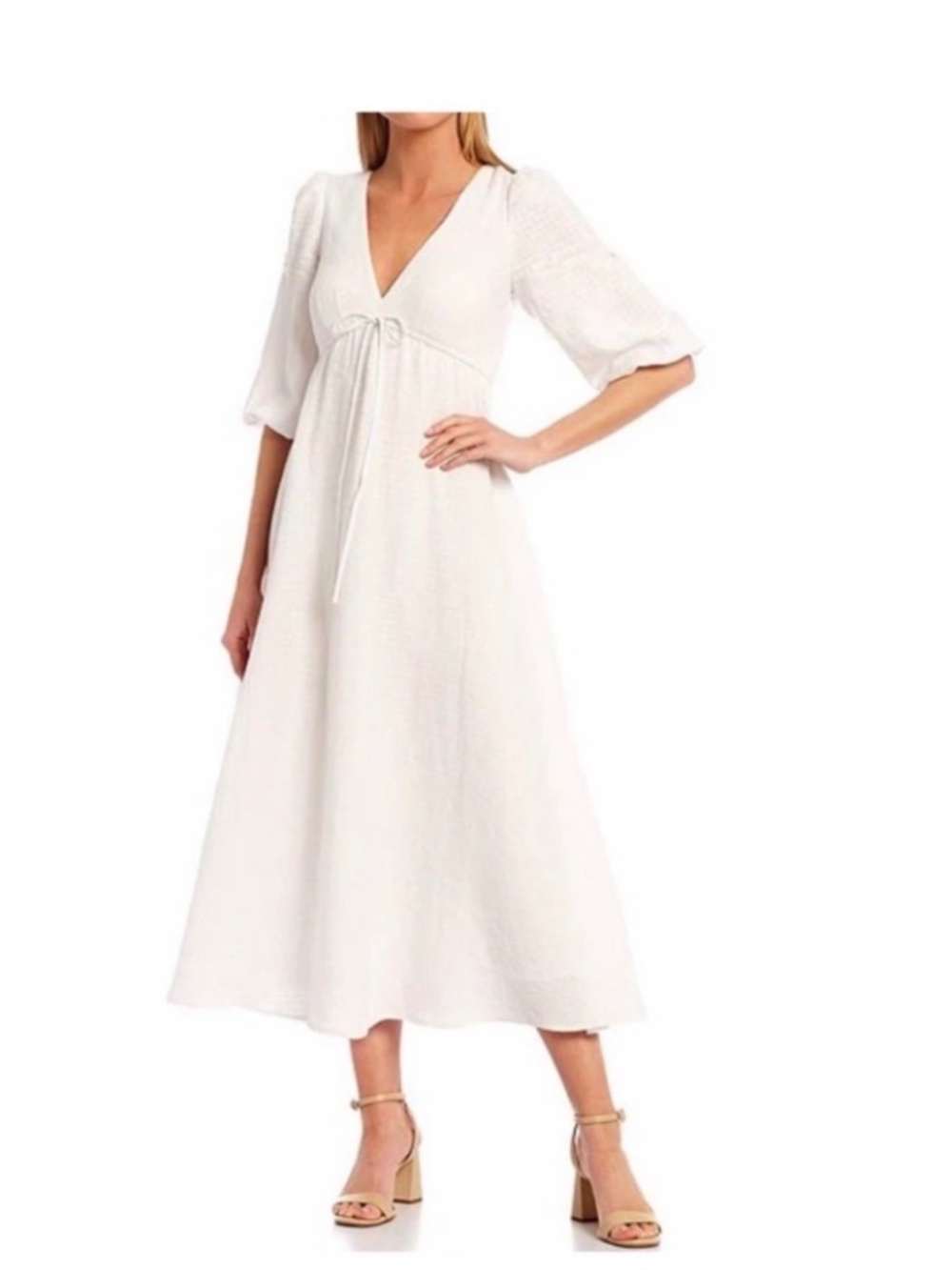 NWOT Antonio Melani Soleil Gingham Tie V-Neck Short Elbow Puff Sleeve Midi Dress